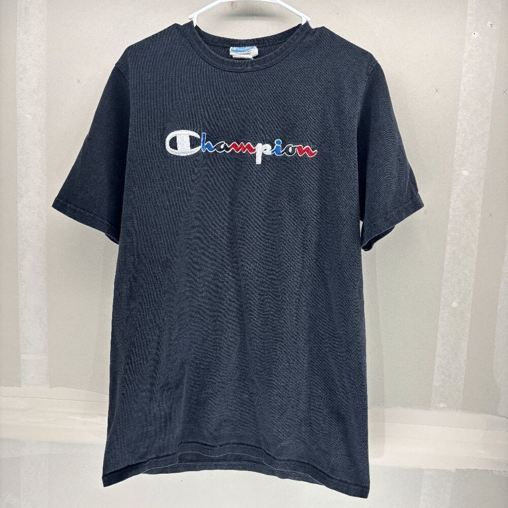 Vintage 90s Champion Women's L Faded Spell Out Short Sleeve T-Shirt Black Cotton